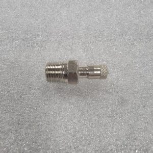 Metal hose connector with threaded and barbed ends.